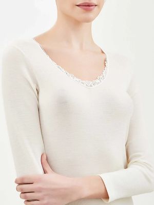 Maglietta Ragno donna manica lunga di pura lana con pizzo art.309A_0