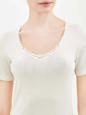 Maglietta Ragno donna a manica corta di pura lana con pizzo art.3097_0
